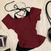 Aiertu - Vintage Fake Two Piece Harajuku T-shirt 2025 Summer Grunge Contrast Color Bodycon Tops Patchwork Halter Bandage Streetwear Tees Aiertu