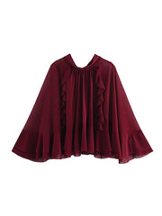 Aiertu - Layered Bow Cloak Women Shirt Top Pleated Round Neck Female Cape Jacket Coat Ribbon French Perspective Loose Casual Blouse New Aiertu