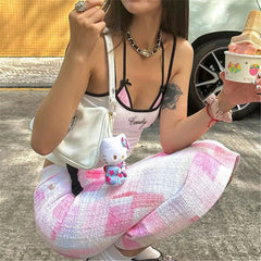 Aiertu - Fairy Girlcore Fake Two Piece Camisoles Sweet E-girl Letter Embroidery Shoulder Straps Tank Top Chic Y2K Slim Crop Vest Aiertu