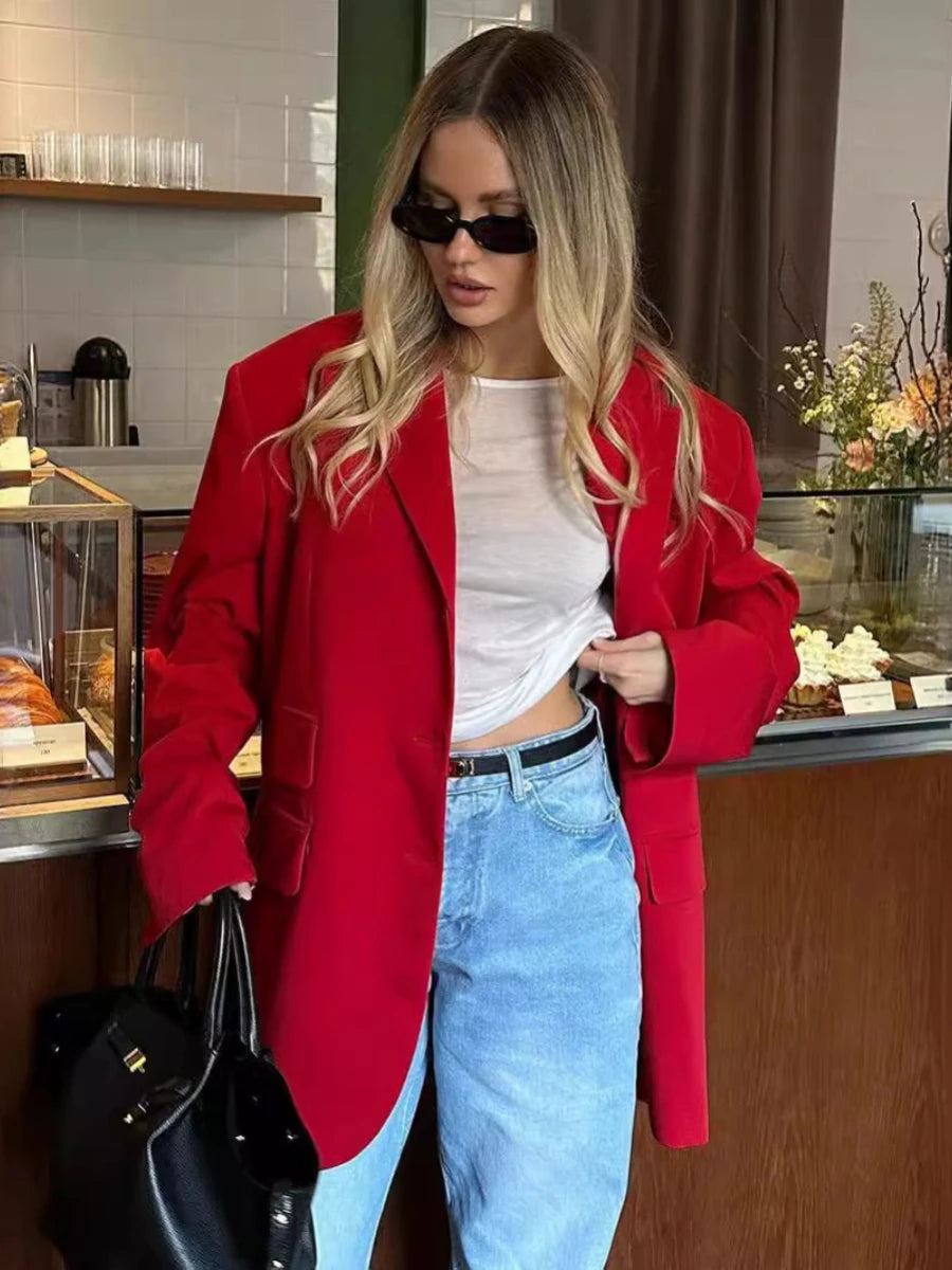 Aiertu - Women's Red Suit Temperament Shoulder Pads Loose Coat Collar Pocket Casual Cardigan Fashion Office Ladies Suit Jacket Aiertu