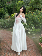 Aiertu - Romantic Rose Rib Knit Dress for Women Gradient Long Sleeve One-shoulder Patchwork Maxi Long Dress Desire One-piece Aiertu