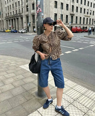 Aiertu - European and American style blue straight denim shorts women's summer high waist slim five-point wide-leg pants Aiertu