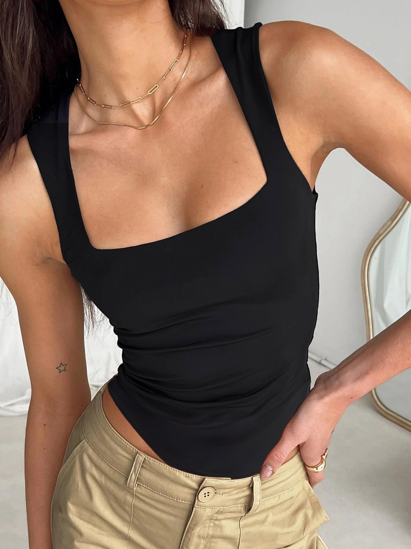 Aiertu - summer inspo Black Solid Basic Skinny Square Collar Sleeveless Bodysuit Women Aiertu