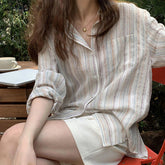Aiertu Vintage Striped Shirts Women Oversized Long Sleeve Blouses Office Lady Korean Harajuku Simple Loose Casual All Match Tops Aiertu