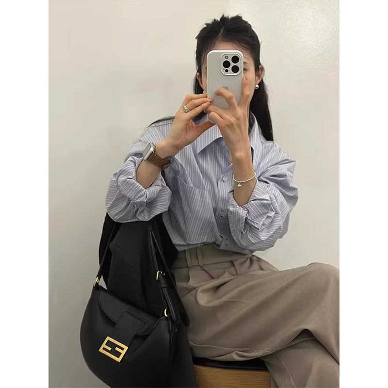 Aiertu Elegant Striped Shirts Women Vintage Long Sleeve Pocket Blouses Spring Ladies Korean Single Breasted Design Casual Tops Aiertu