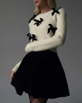Aiertu - Fall Winter Knitted Bow Detail White Sweaters Tops Round Neck Long Sleeve Top Chirstmas Casual Outfits Streetwear Aiertu
