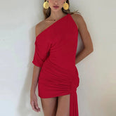 Aiertu - 2025 Spring New Mini Dress Women's Sexy Slanted Collar Single Sleeve Tight Dress Irrgular Ribbon Party Ruched Dress Lady Aiertu