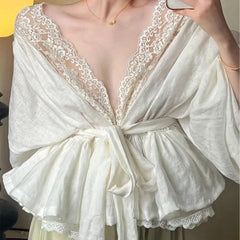 Aiertu - Slim High Waist Crop Tops Blusas Mujer De Moda Verano Elegantes Blouse Lace Strap V-neck Long Sleeved Shirts Femme Shirt Aiertu