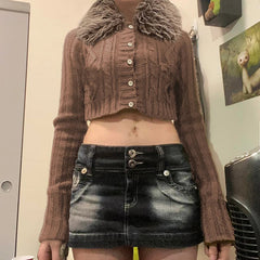 Aiertu - Y2K Brown Buttons Crop Sweater with Detachable Fur Collar Autumn Vintage 2000s Knitted Cardigan Slim Winter Outfits Aiertu