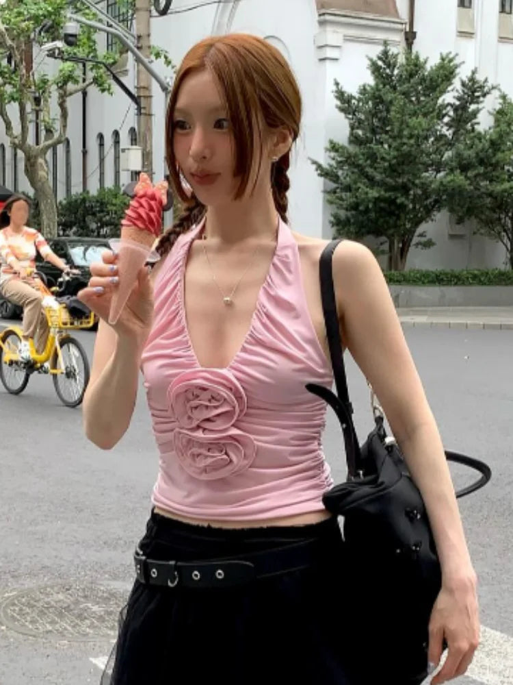 Aiertu - Chic 3D Rose Hang Neck Women's Top With Pleats Exposed Back Navel V-neck Short Vest 2026 Summer Fashion Holiday Female's Tops Aiertu