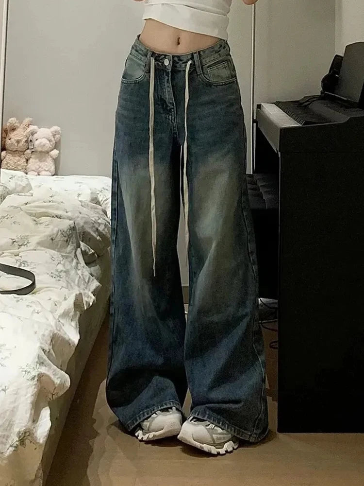Aiertu - American Streetwear Jeans Women High Waist Y2K Lace Up Denim Pants Fall Loose Vintage Harajuku Female Casual Trousers New Aiertu