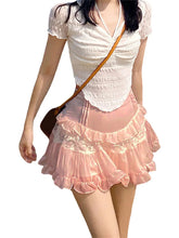 Aiertu Women's Summer Mini Skirts Cute High Waist Lace Patchwork Ruffle Hem A-Line Skirts Aiertu