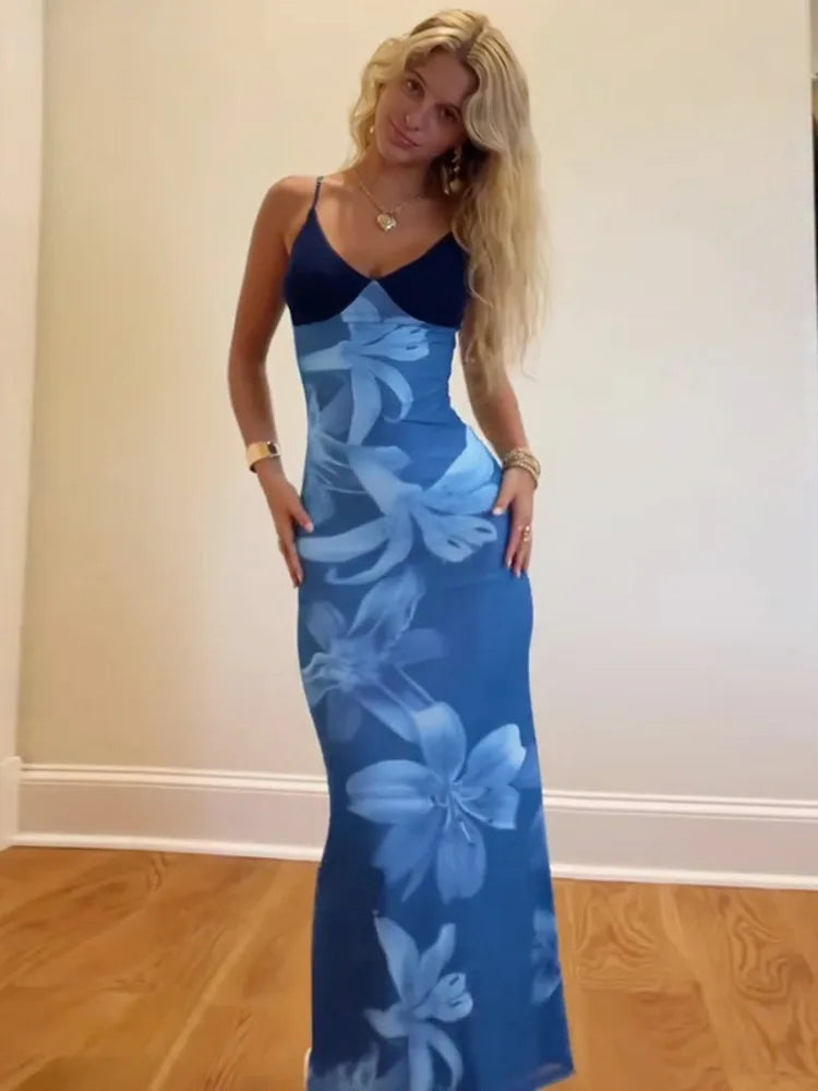 Aiertu - Print Sexy Spaghetti Strap Maxi Dress For Women V-neck Mesh Fashion Print Slim Fit Sleeveless Backless Holiday Dress Aiertu