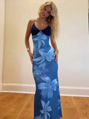 Aiertu - Print Sexy Spaghetti Strap Maxi Dress For Women V-neck Mesh Fashion Print Slim Fit Sleeveless Backless Holiday Dress Aiertu