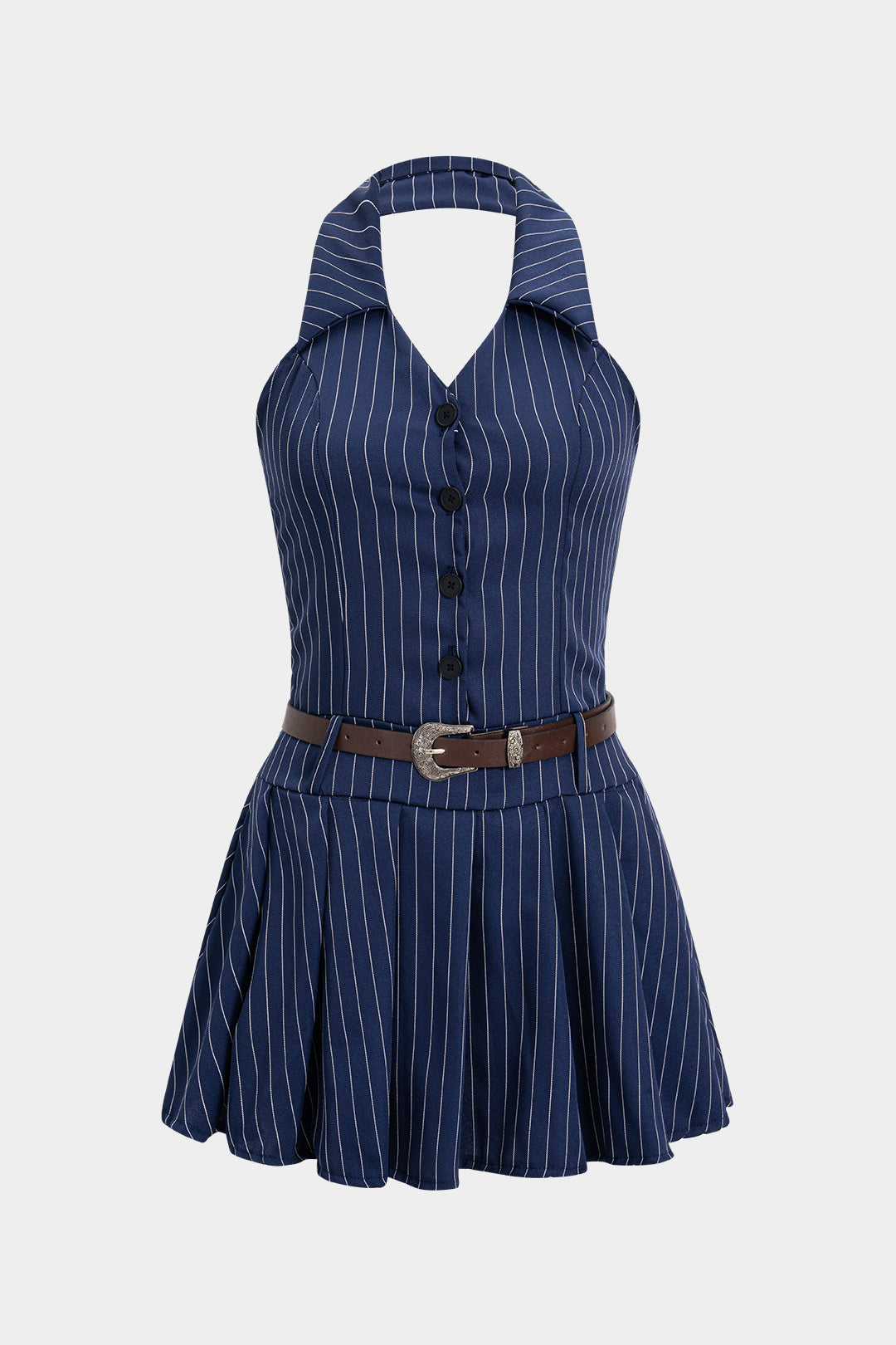 Aiertu Stripes Print Halter Neck Backless Sleeveless Belted Mini Dress Aiertu