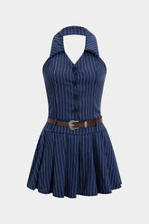 Aiertu Stripes Print Halter Neck Backless Sleeveless Belted Mini Dress Aiertu