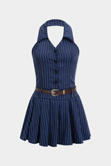 Aiertu Stripes Print Halter Neck Backless Sleeveless Belted Mini Dress Aiertu