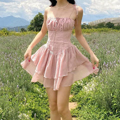 Aiertu - Lace Up Ruffle Corset Mini Dress Aiertu