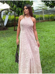 Aiertu - Elegant Off Shoulder Prom Gowns 2026 Pink Jacquard Slim Fit Maxi Dresses For Women Summer Evening Party Robes Sleeveless Halter Aiertu