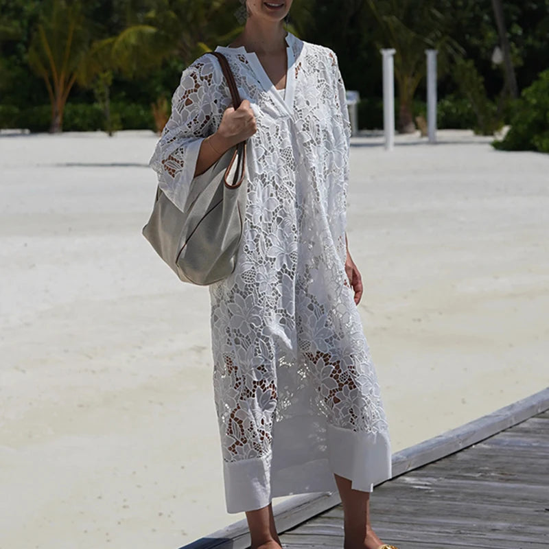 Aiertu - 2025 Lady Fashion Vacation Long Dress White Women's V Neck Lace Embroidered Party Dress Elegant 3/4 Sleeve Patchwork Loose Dress Aiertu