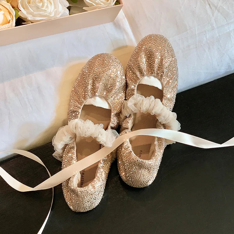 Aiertu - Shiny Sequin Ballet Flats Shoes Women Elastic Band Elegant Bling Black Mary Janes Shoes Sping Autumn Party Club Loafers 2025 Aiertu
