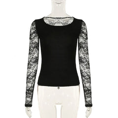 Aiertu - party look snspos Hollow Out Lace Sleeve Patchwork Top Women's Autumn Spring Sexy Slim-fitting T-shirts Chic Elegant Crew Neck Tops Retro Aiertu