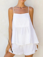 Aiertu - White Lace Trim Shorts Two-piece Set Women Summer Sleeveless Loose Tank Top+Elastic Waist Shorts Simple Casual Home Cozy Sets Aiertu