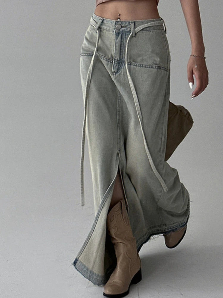 Aiertu - Streetwear Denim Long Skirt Women Summer Korean Fashion Y2k Split Design Vintage Skirts Sexy Patchwork Chic High Waist Aiertu