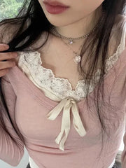 Aiertu - summer inspo Sweet Y2K Lace Contrast Patchwork Slim Long Sleeve Pink T Shirt Women 2000s Cute Kawaii Clothes Aiertu