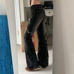 Aiertu - Plant Printed Embroidery Y2K Flare Jeans Women Vintage Skinny Boot Cut Trousers Fashion Street 2000s Denim Pants Fall Aiertu