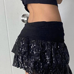 Aiertu - party look snspos Contrast Sequin Black Short Skirt Party Outfits Women Fashion A-line Layered Skirt Aesthetic Y2K Clubwear Vintage Aiertu
