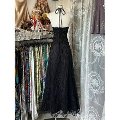 Aiertu - Y2K Black Lace Midi Dress Women Party Sexy Halter Ruffles Dresses Summer Vintage Korean V Neck Backless Bodycon Vestidos Aiertu