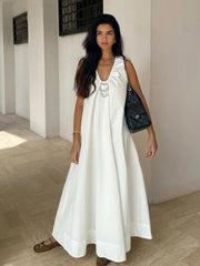 Aiertu - Sleeveless Summer Cotton Lined Long Dress Women Elegant V-neck Pleated Solid Loose Dresses Holiday Casual Evening Lady Vestidos Aiertu