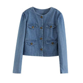 Aiertu - Small fragrant style gold button denim jacket for women in spring and autumn design niche retro Hong Kong style chic little jack Aiertu
