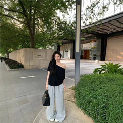 Aiertu - Spicy Girl Slant Shoulder Short Sleeve Loose T-shirt 2025 Women's Summer New Casual Irregular Solid Color Versatile Top Aiertu