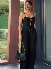 Aiertu - Strap Camisole Vest High Waist Pants Women Suit Sexy Hollow Top Straight Tube Loose trousers 2026 Summer Vacation Casual Set Aiertu