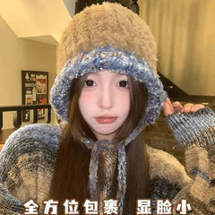 Aiertu - Plush Knitted Hat For Women New Autumn And Winter Thickened Warmth And Cold Resistant Woolen Hat Big Headed Cap Balaclava Hat Aiertu
