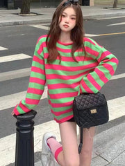 Aiertu - Casual Striped Sweater Women Sweet Preppy Style Long Sleeve Pullover Knitted Oversize Korean Fashion Tops Autumn Winter Aiertu