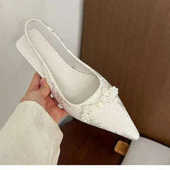 Aiertu - Chinese White Pearl High Heel Sandals Women Spring and Summer Jacquard Satin Pointed After Empty Sandals Spring New Aiertu