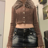 Aiertu - Y2K Brown Buttons Crop Sweater with Detachable Fur Collar Autumn Vintage 2000s Knitted Cardigan Slim Winter Outfits Aiertu
