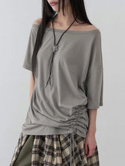 Aiertu - Solid Grey Loose Drawstring T-shirt Asymmetrical Off-shoulder Short Sleeve T Shirts Women Casual Summer Tees y2k Vintage Aiertu