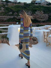 Aiertu - Colorful Knitted Women Dresses O Neck Stripe Rainbow Female Dress 2026 Fashion Long Sleeve Backless Casual Elegant Lady Vestidos Aiertu