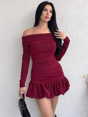 Aiertu - Off Shoulder Slim Ruffle Dress Female Bodycon Long Sleeve High Waist Pleated Mini Dresses Elegant Evening Sheath Dress Aiertu