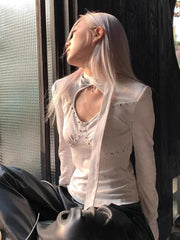 Aiertu - American Fashion Popular Hollow Out Design Tops Y2k Aesthetic Streetwear Rivet Nail Punk Women Shirts Harajuku Cross Lace Up Tee Aiertu
