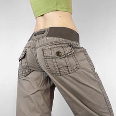 Aiertu - Vintage Lace-up Mid-sied Jeans 2000s Women Streetwear Aesthetic Pockets Straight Leg Trousers Fashion Autumn Outfits Aiertu