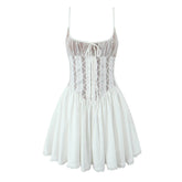 Aiertu - Romantic Women Patchwork Lace Sling Sexy Dress Round Neck Low Waist Pleated Swing White Party Mini Dresses Birthday Robe Aiertu