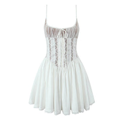 Aiertu - Romantic Women Patchwork Lace Sling Sexy Dress Round Neck Low Waist Pleated Swing White Party Mini Dresses Birthday Robe Aiertu