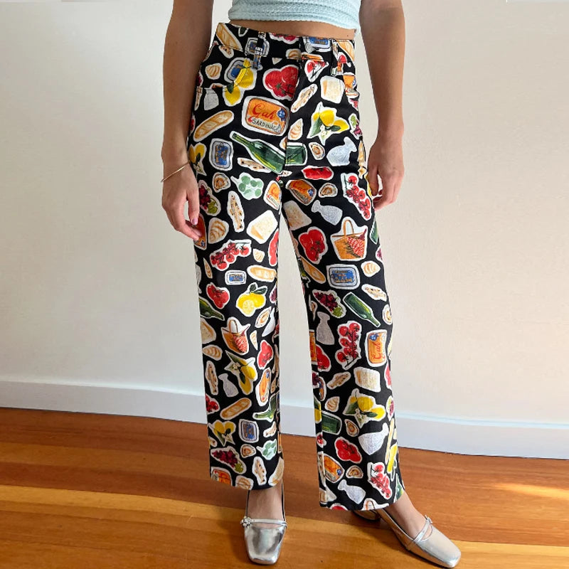 Aiertu - Women Fruit Tapas Print Wide Leg Jeans Casual Loose Denim Pants Trousers with Pockets Retro Y2K Aesthetic Pants Streetwear Aiertu