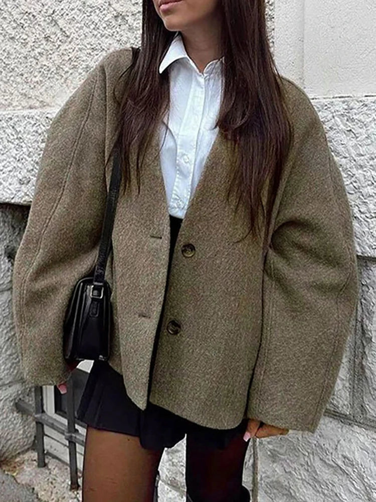 Aiertu - V-neck Single Breasted Women Coat Gray Long Sleeve Pocket Short Jacket Female Winter Loose Casual Streetwear Aiertu