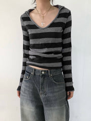 Aiertu - summer inspo Black Dark Gray Stripe Hooded T-Shirt Women V Neck Slim Long Sleeve Basic Spring Autumn Ribbed Top Preppy Streetwear Tee Aiertu